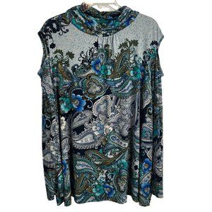 Susan Graver Top Shirt Womens Size 3X Aqua Floral Cold Shoulder Pullover